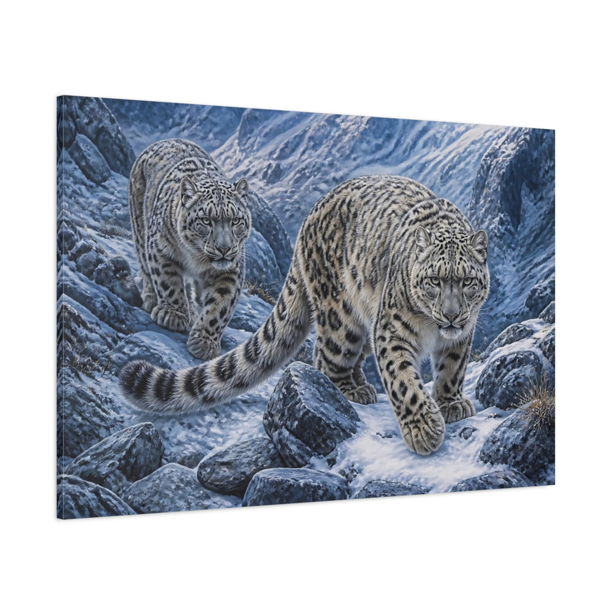 Side Mockup 1. Snow Leopard Animals Duo shown as canvas print