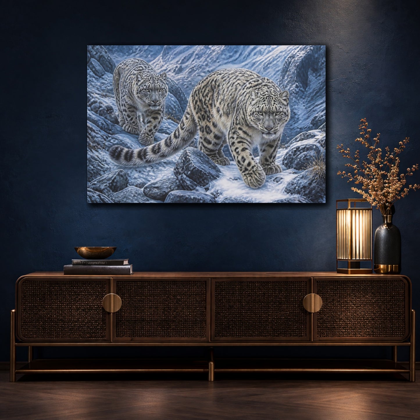 Mockup 4. Snow Leopard Animals Duo shown as canvas print