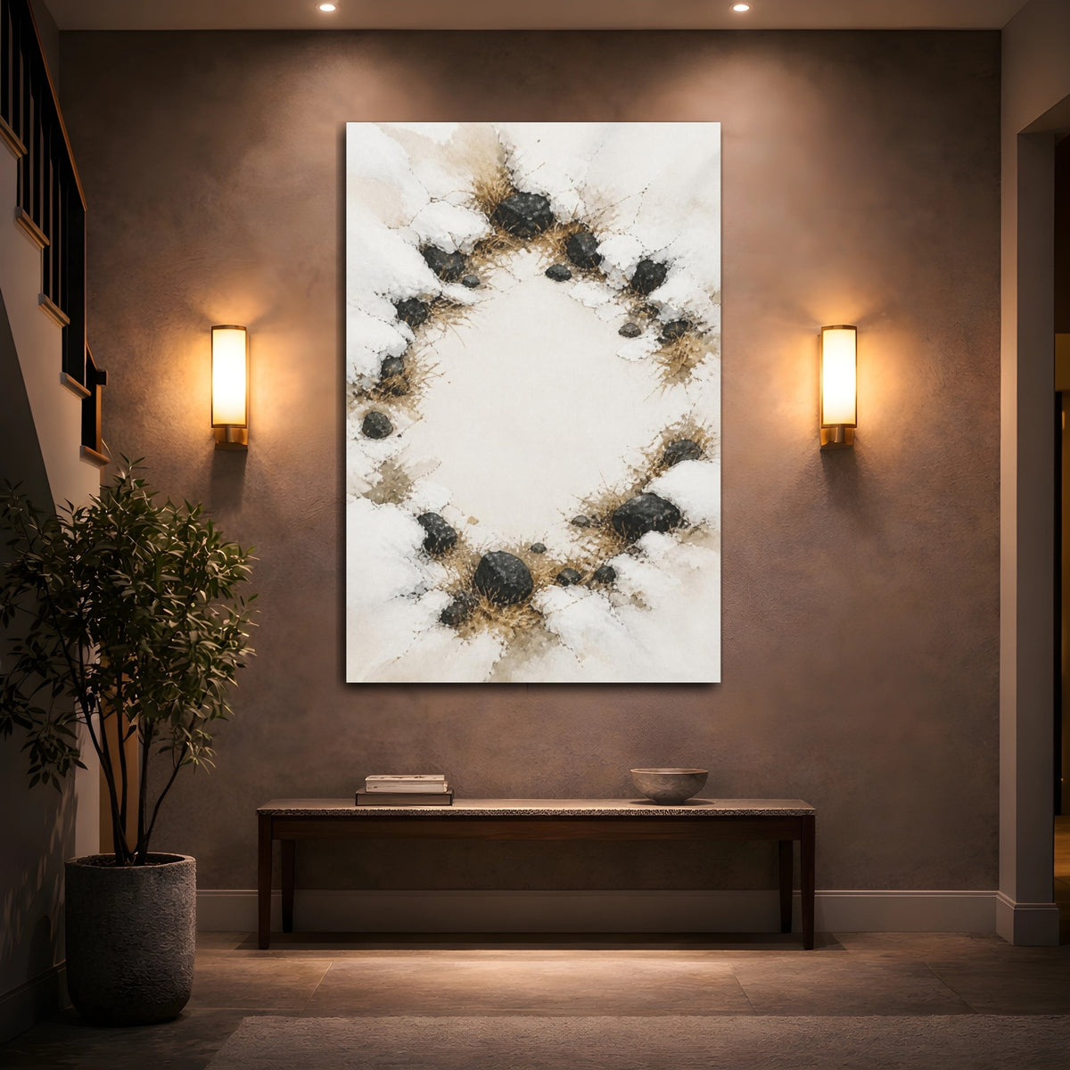 Mockup 2. Snow Melted Stones shown as canvas print