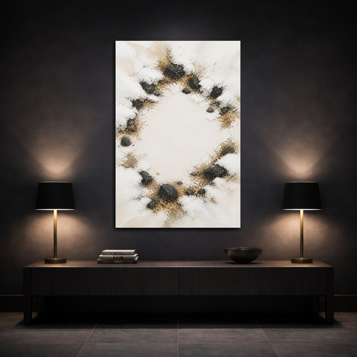 Mockup 3. Snow Melted Stones shown as canvas print