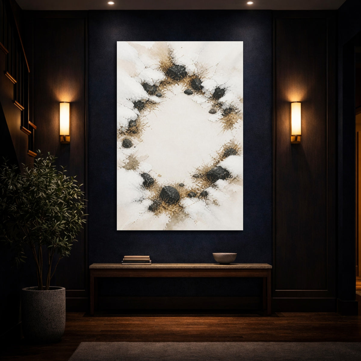 Mockup 4. Snow Melted Stones shown as canvas print