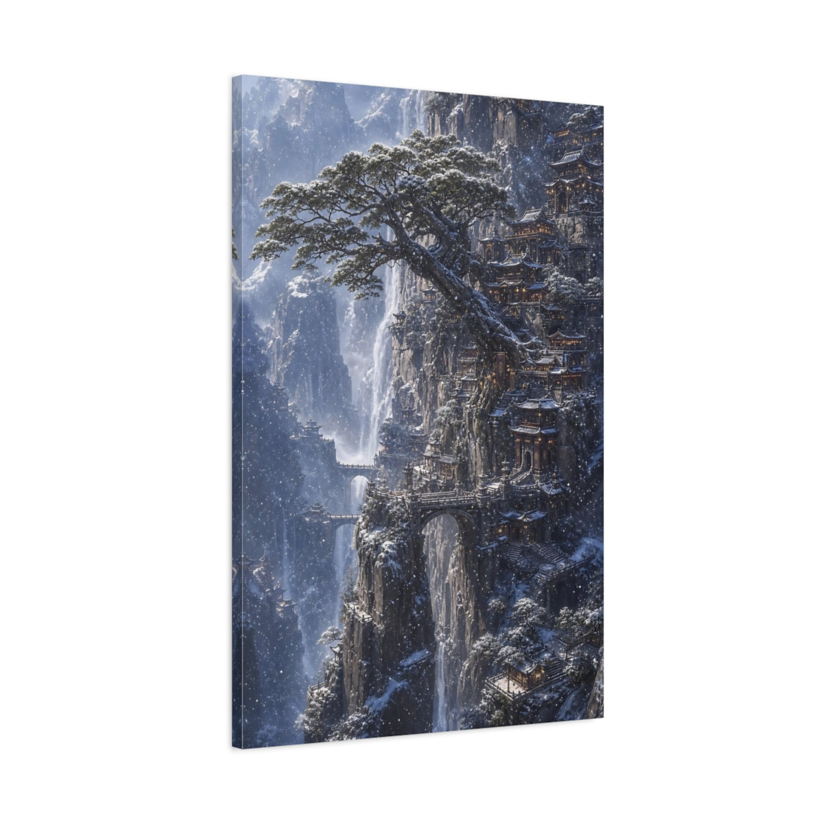 Main Mockup. Snowbound Cliff Temple shown as canvas print