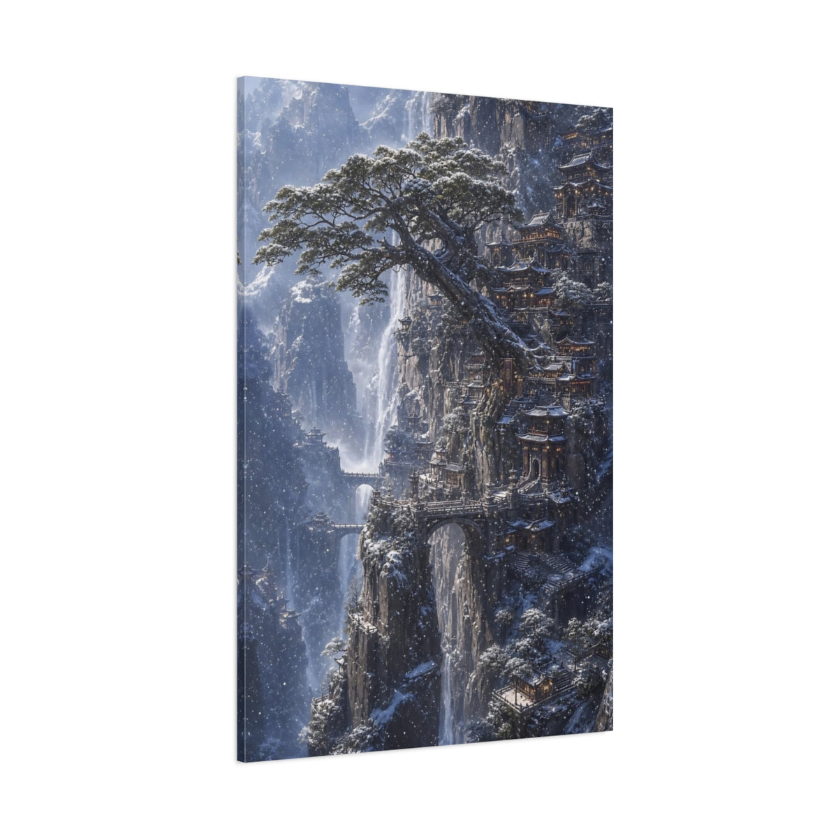 Side Mockup 1. Snowbound Cliff Temple shown as canvas print