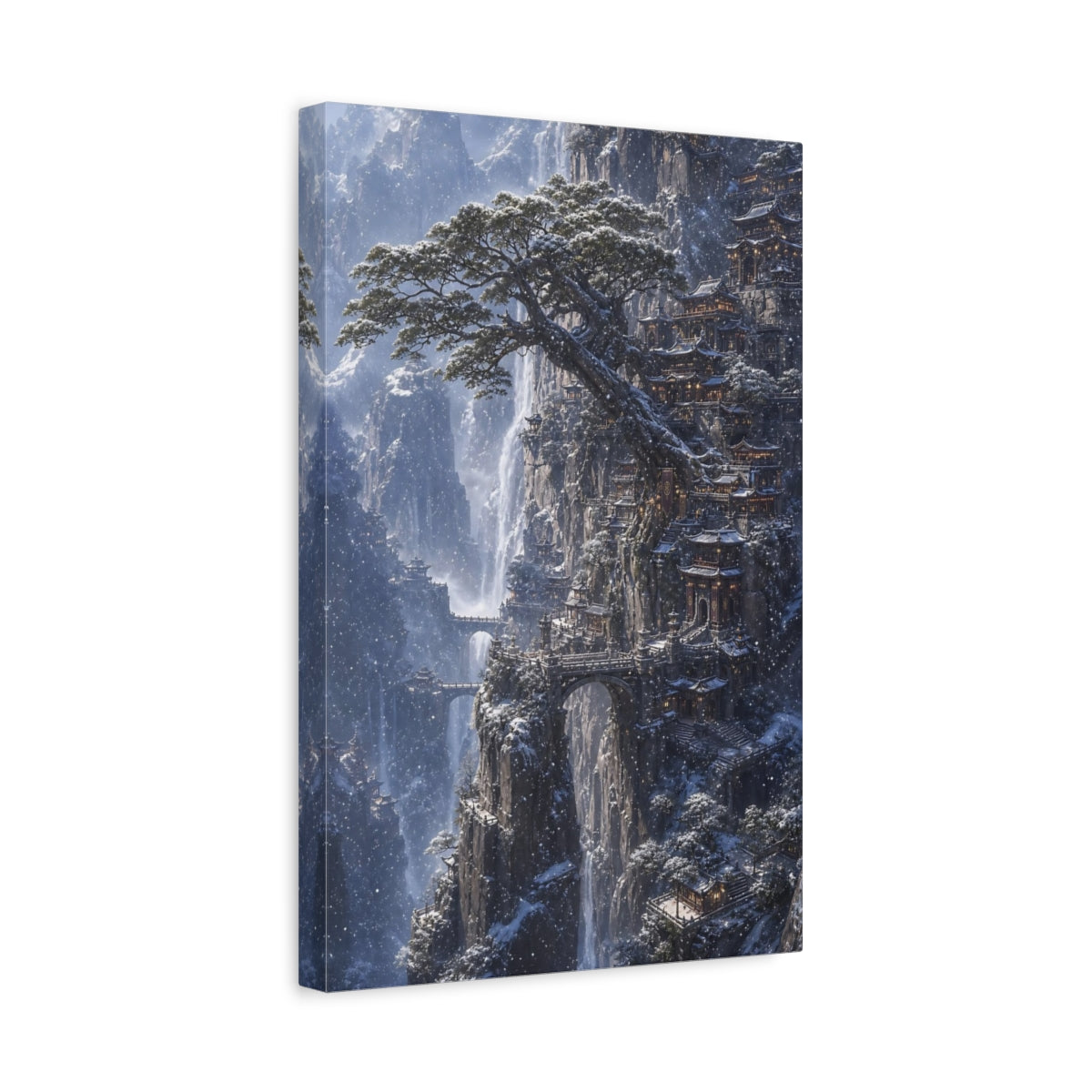 Side Mockup 4. Snowbound Cliff Temple shown as canvas print