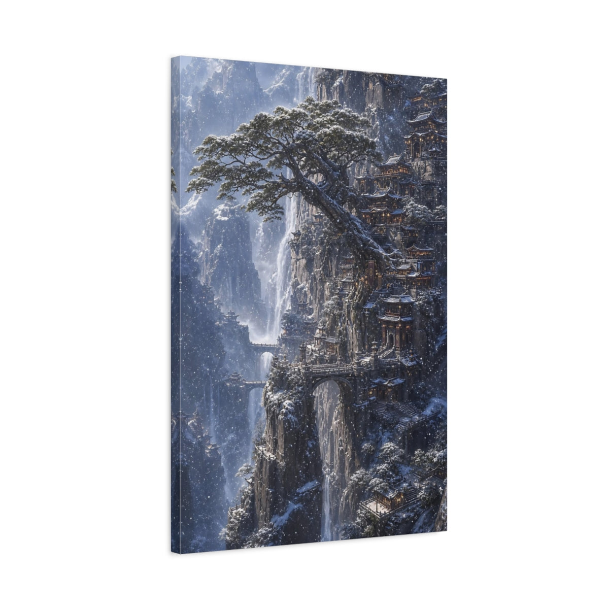 Side Mockup 2. Snowbound Cliff Temple shown as canvas print