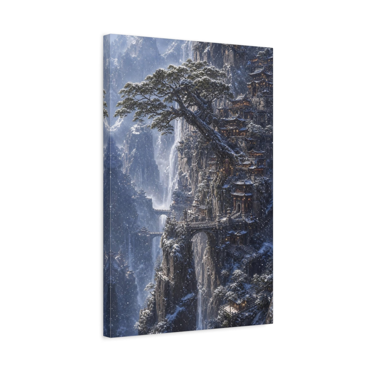 Side Mockup 3. Snowbound Cliff Temple shown as canvas print