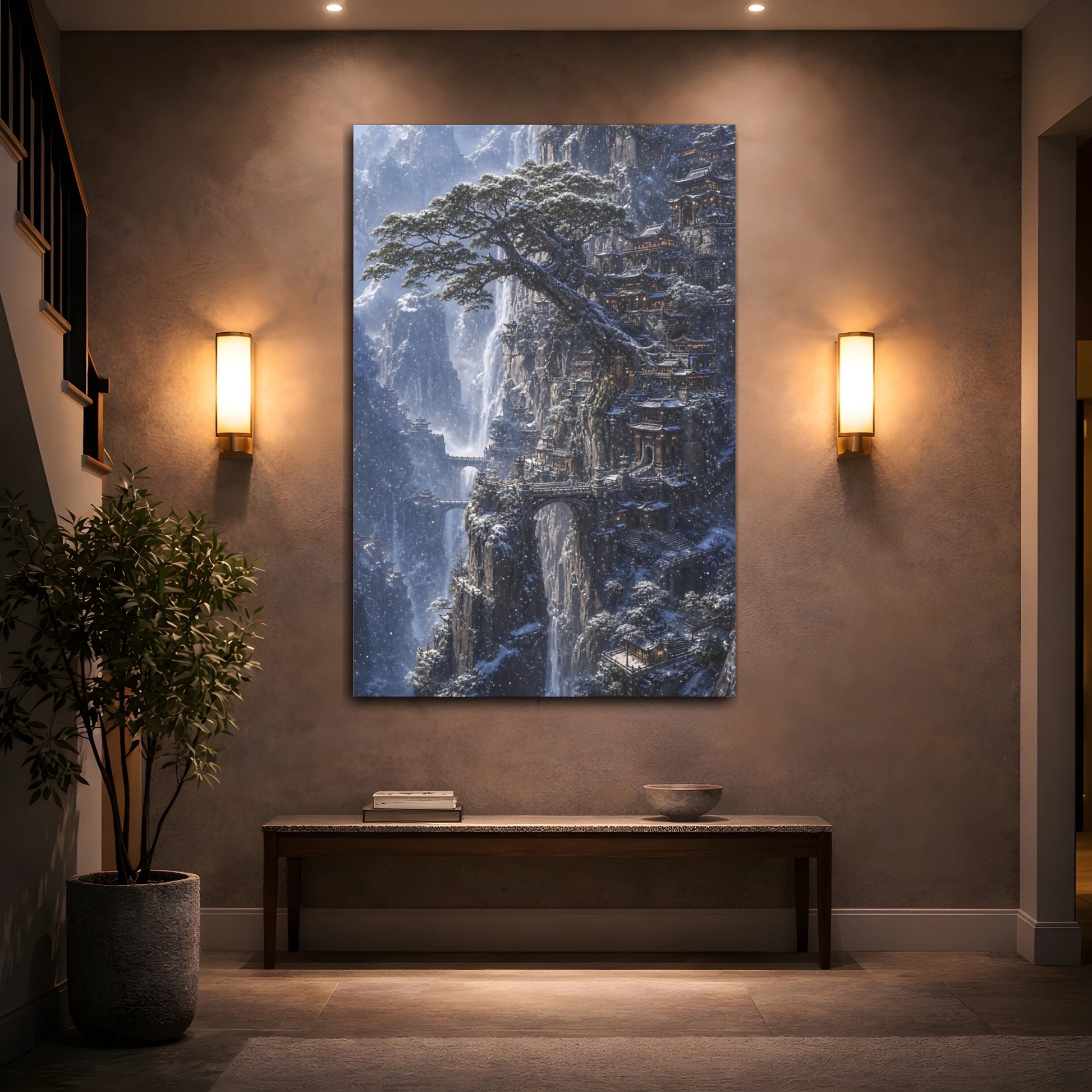 Mockup 2. Snowbound Cliff Temple shown as canvas print