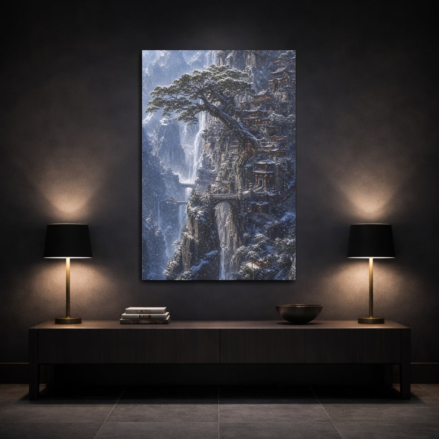 Mockup 3. Snowbound Cliff Temple shown as canvas print