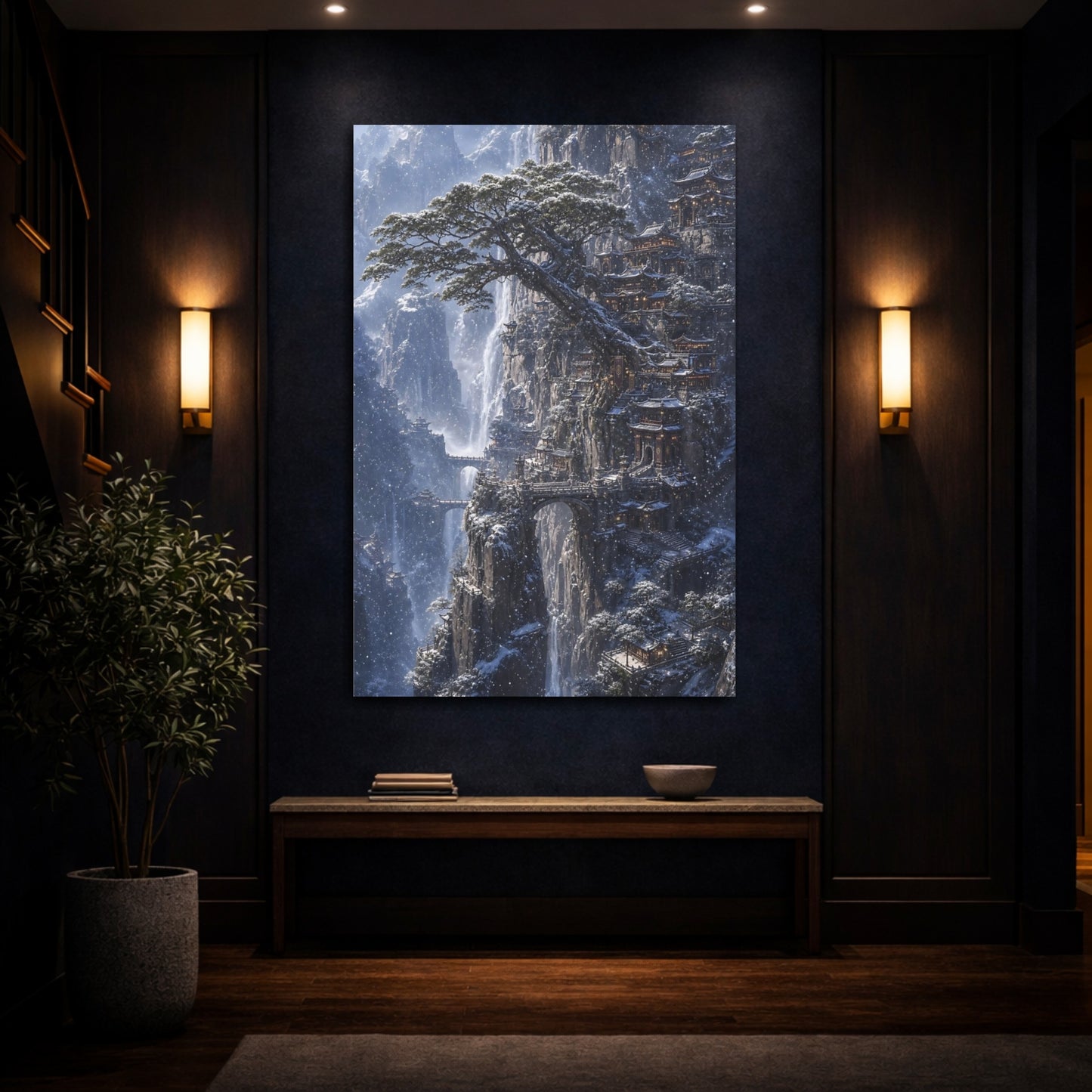Mockup 4. Snowbound Cliff Temple shown as canvas print
