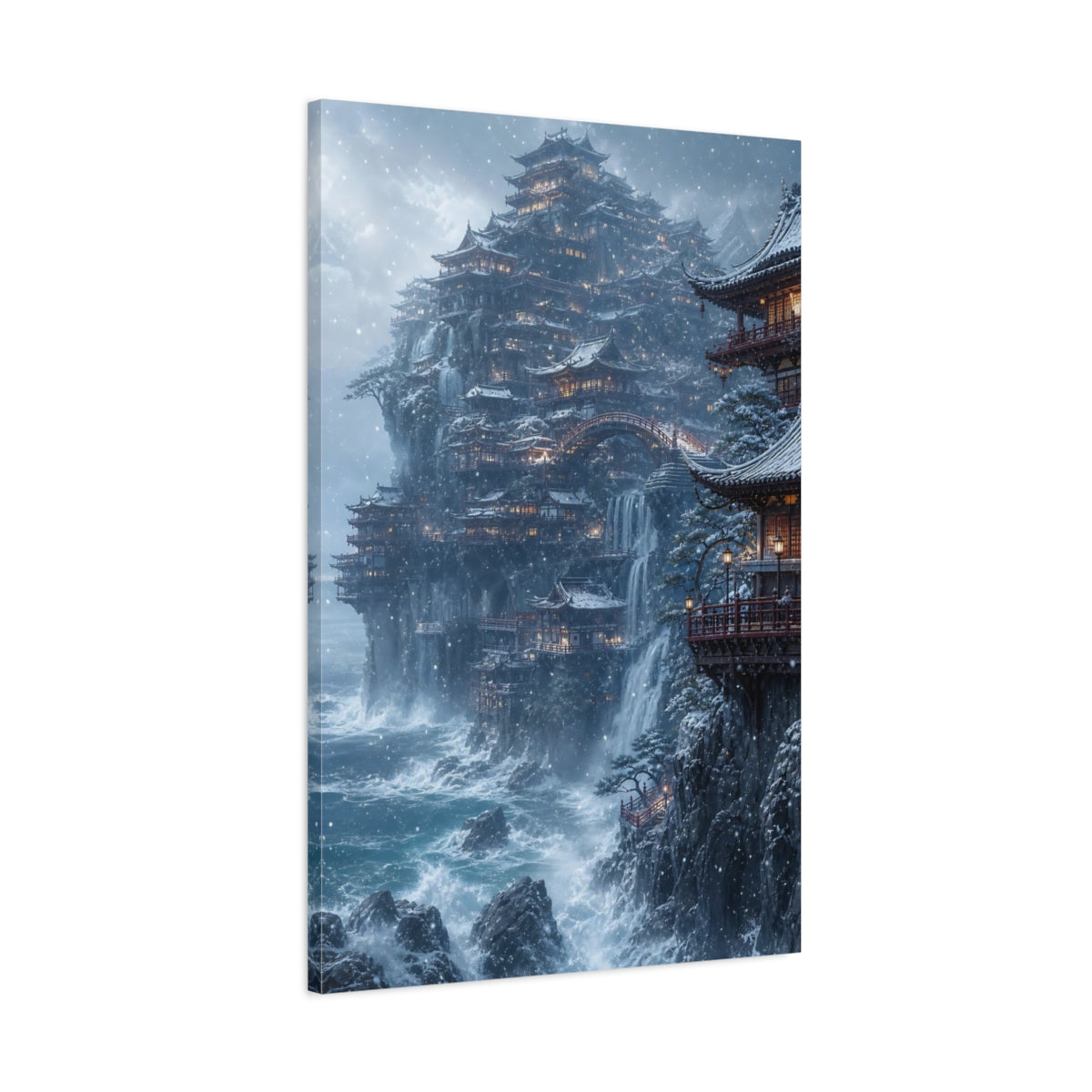 Main Mockup. Snowbound Cliffside Temple shown as canvas print