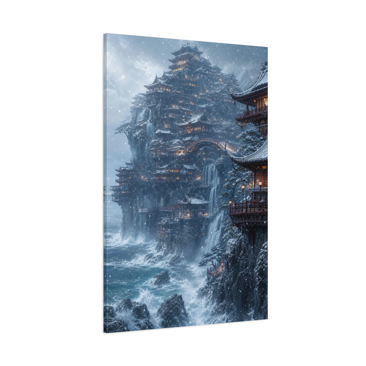 Side Mockup 1. Snowbound Cliffside Temple shown as canvas print