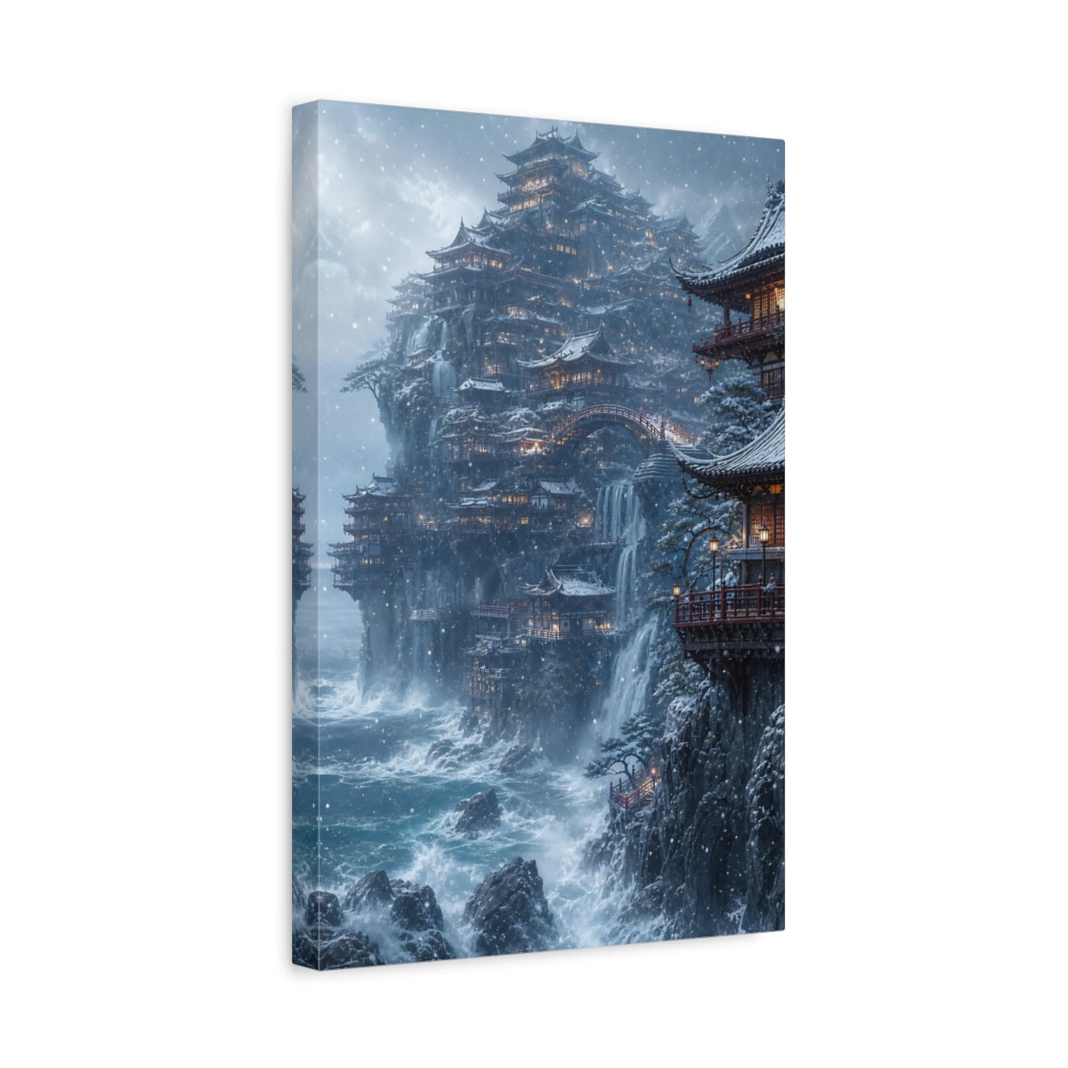 Side Mockup 4. Snowbound Cliffside Temple shown as canvas print