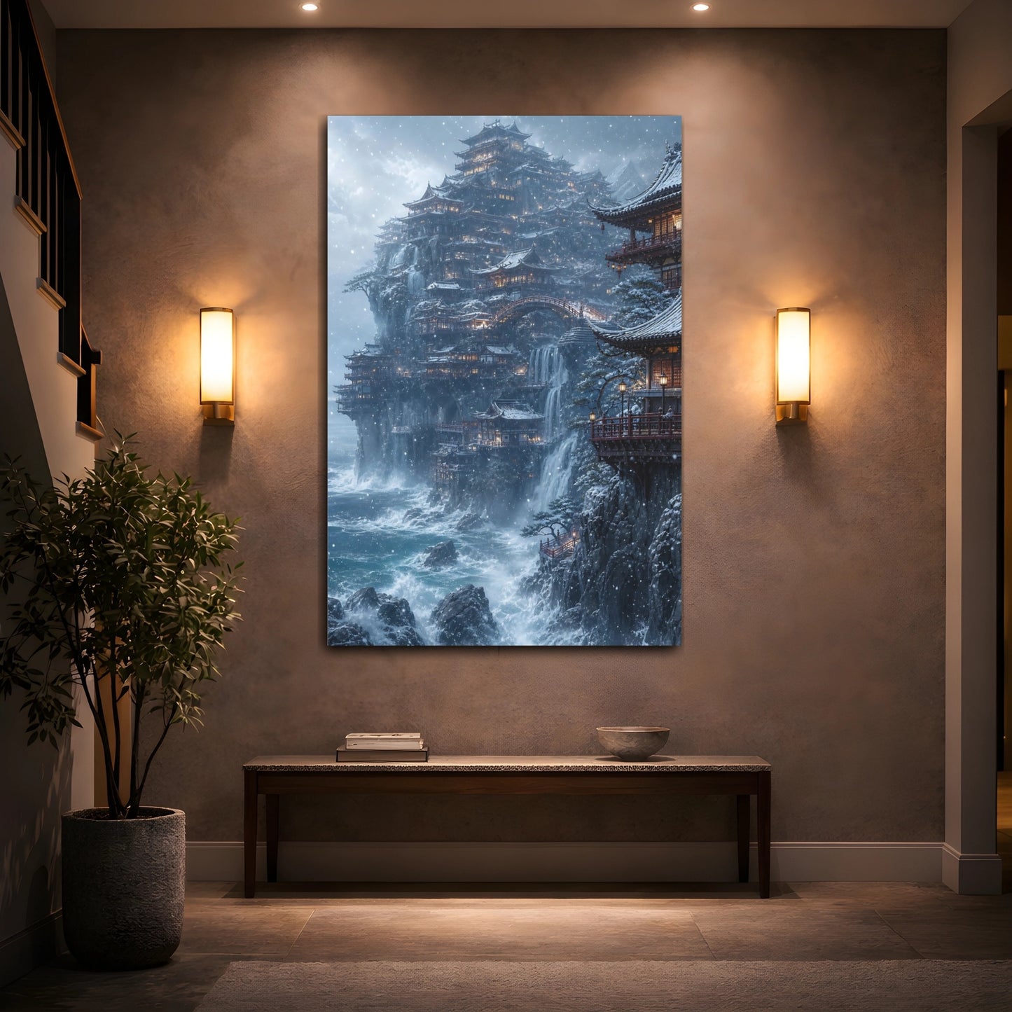Mockup 2. Snowbound Cliffside Temple shown as canvas print