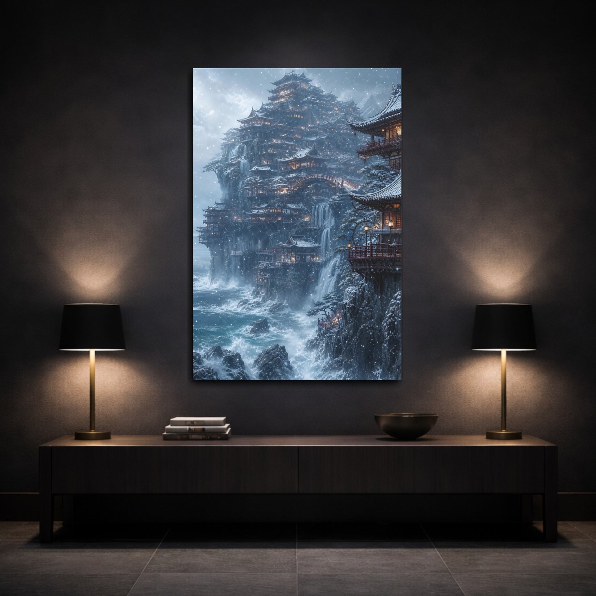Mockup 3. Snowbound Cliffside Temple shown as canvas print