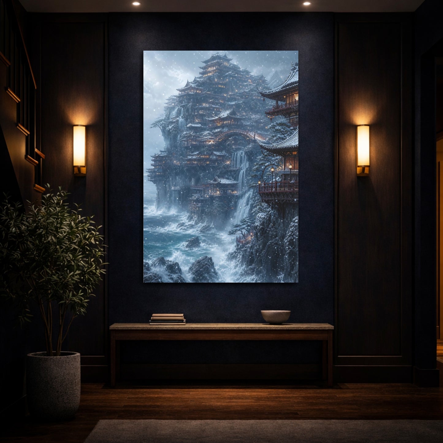 Mockup 4. Snowbound Cliffside Temple shown as canvas print