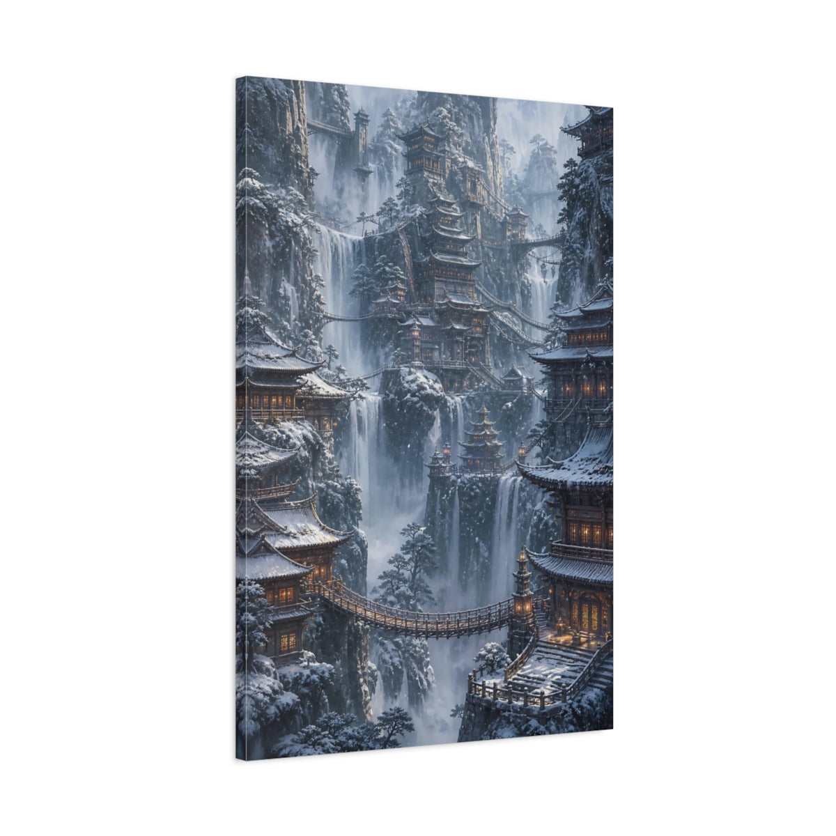 Main Mockup. Snowbound Cliffside Temples shown as canvas print