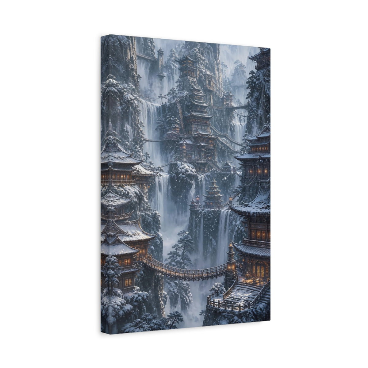 Side Mockup 4. Snowbound Cliffside Temples shown as canvas print