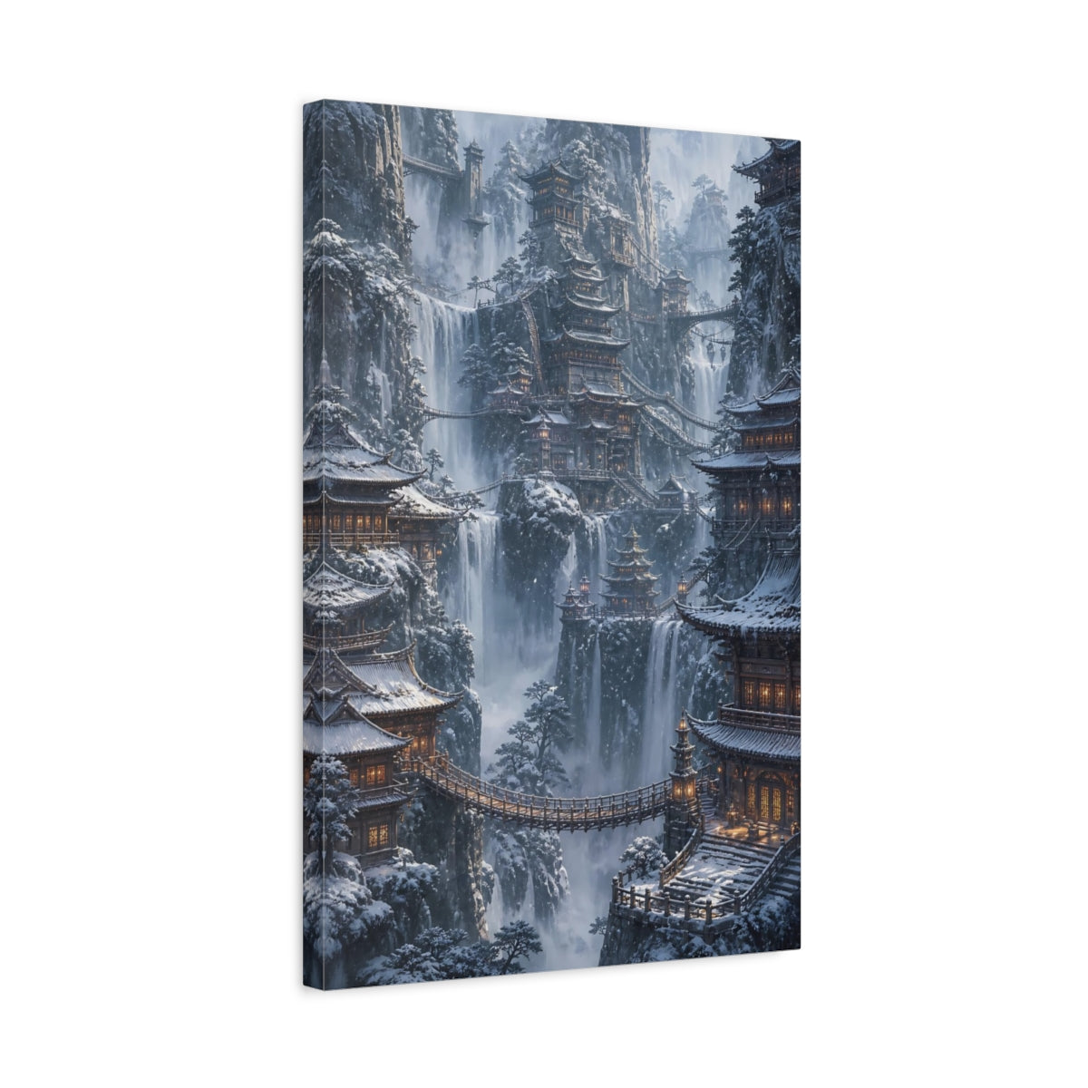 Side Mockup 3. Snowbound Cliffside Temples shown as canvas print