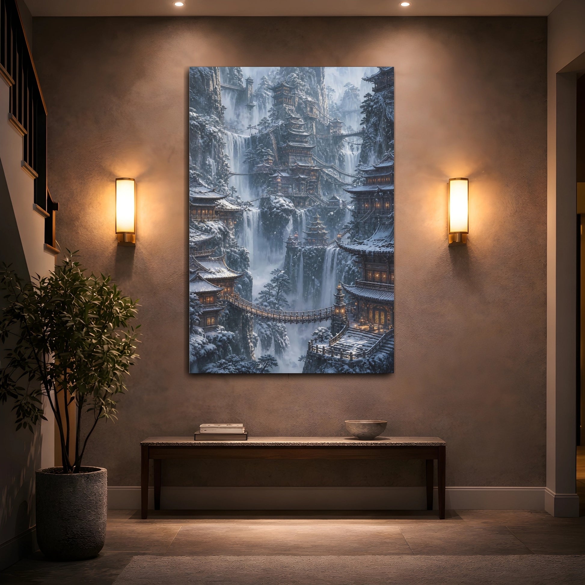 Mockup 2. Snowbound Cliffside Temples shown as canvas print