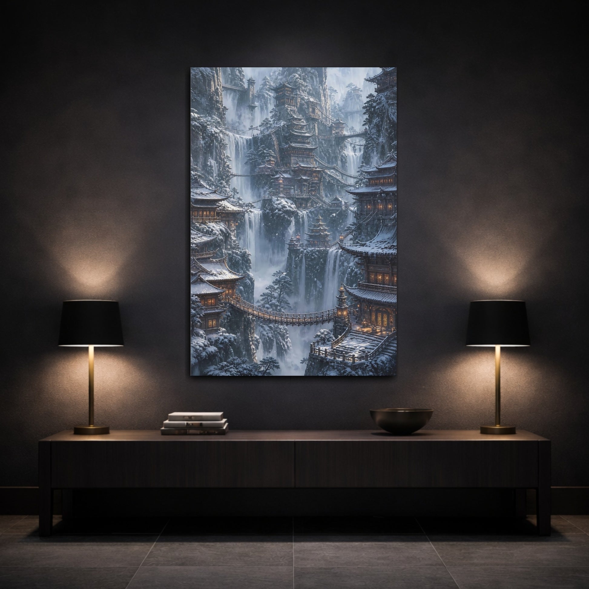 Mockup 3. Snowbound Cliffside Temples shown as canvas print