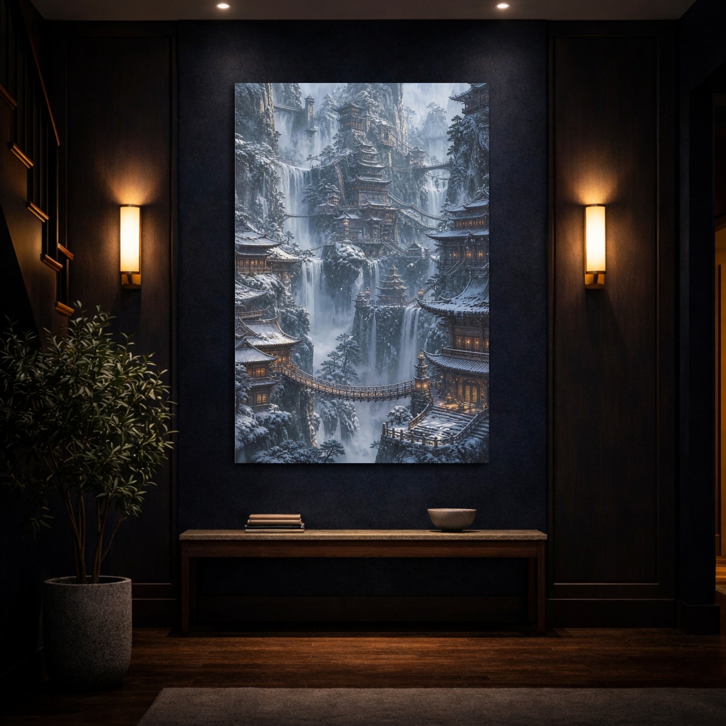 Mockup 4. Snowbound Cliffside Temples shown as canvas print
