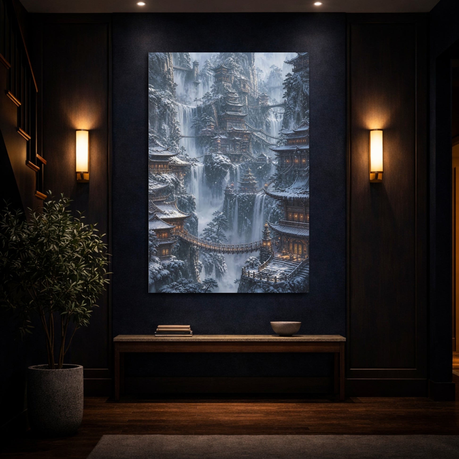 Mockup 4. Snowbound Cliffside Temples shown as canvas print