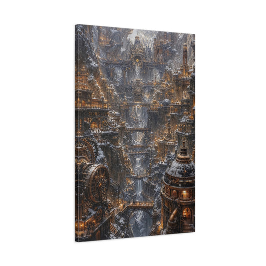 Main Mockup. Snowbound Clockwork City shown as canvas print