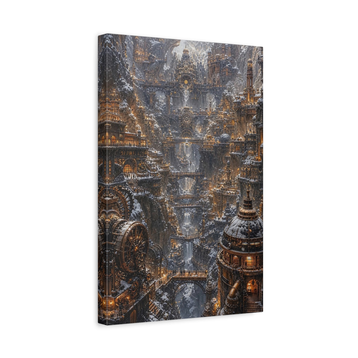 Side Mockup 4. Snowbound Clockwork City shown as canvas print