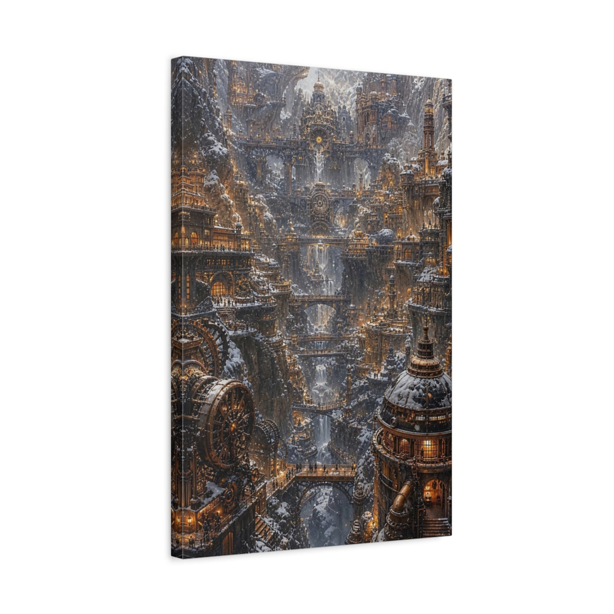 Side Mockup 3. Snowbound Clockwork City shown as canvas print