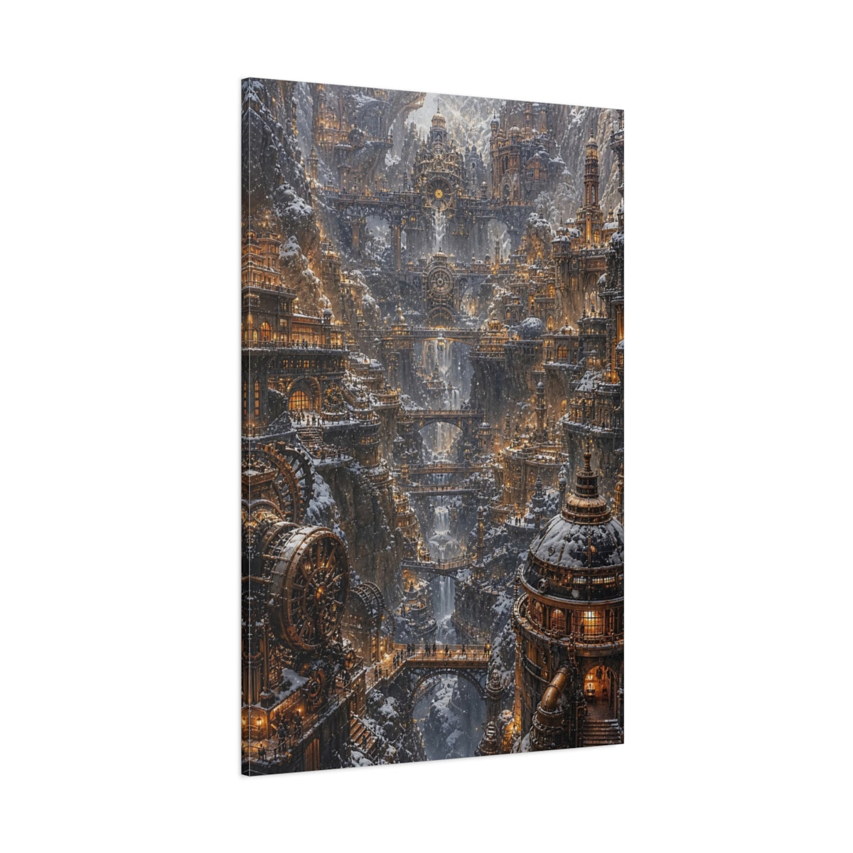 Side Mockup 1. Snowbound Clockwork City shown as canvas print