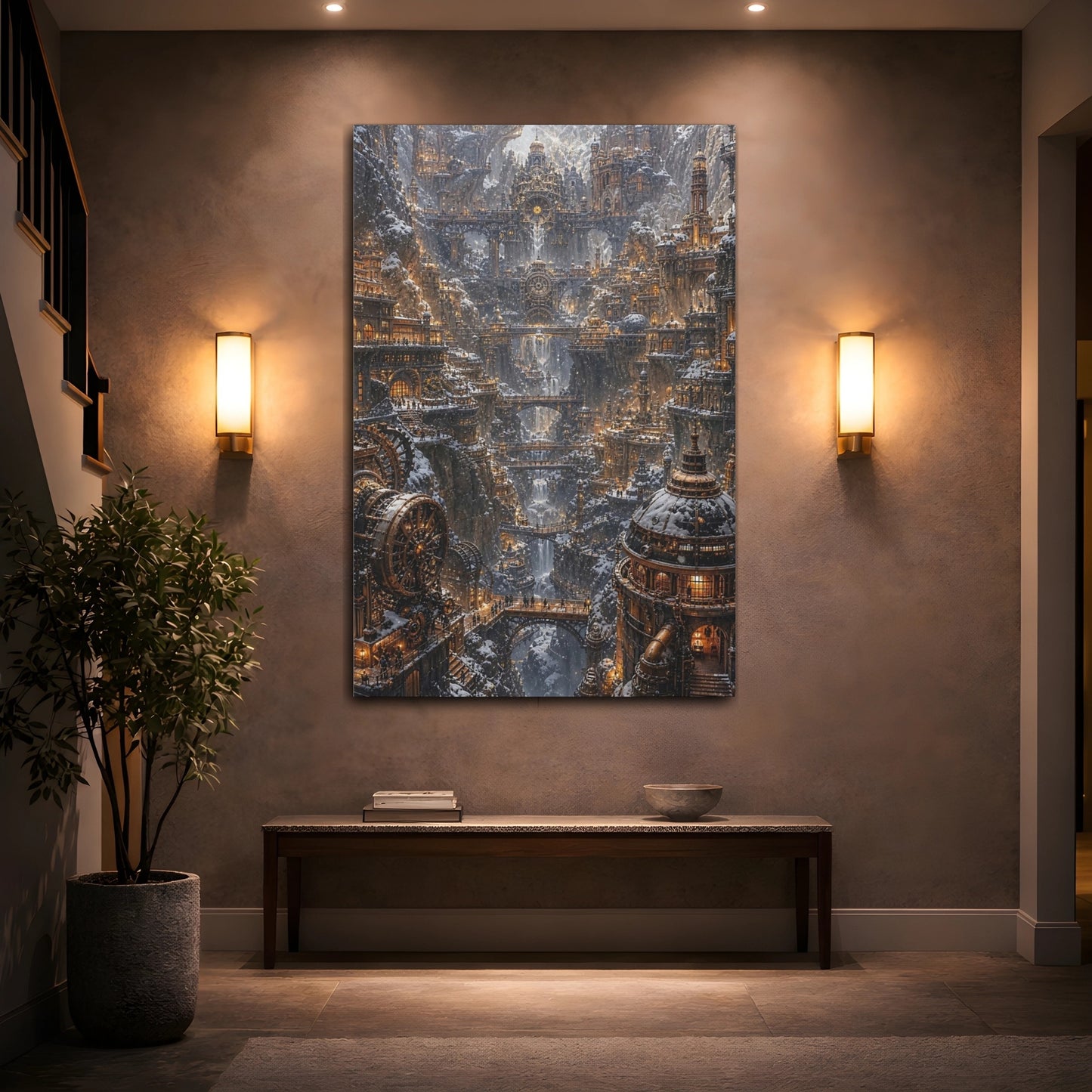 Mockup 2. Snowbound Clockwork City shown as canvas print