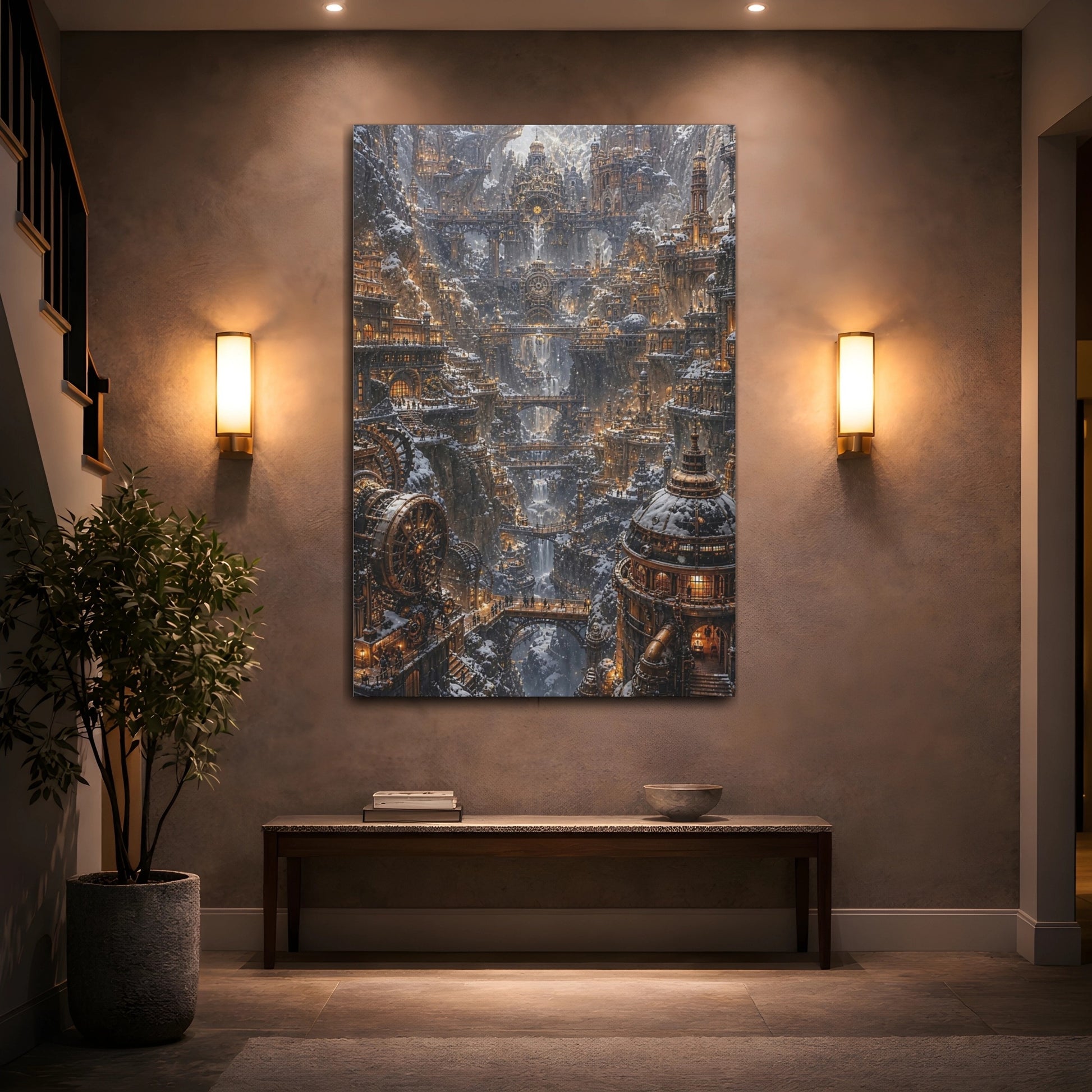 Mockup 2. Snowbound Clockwork City shown as canvas print