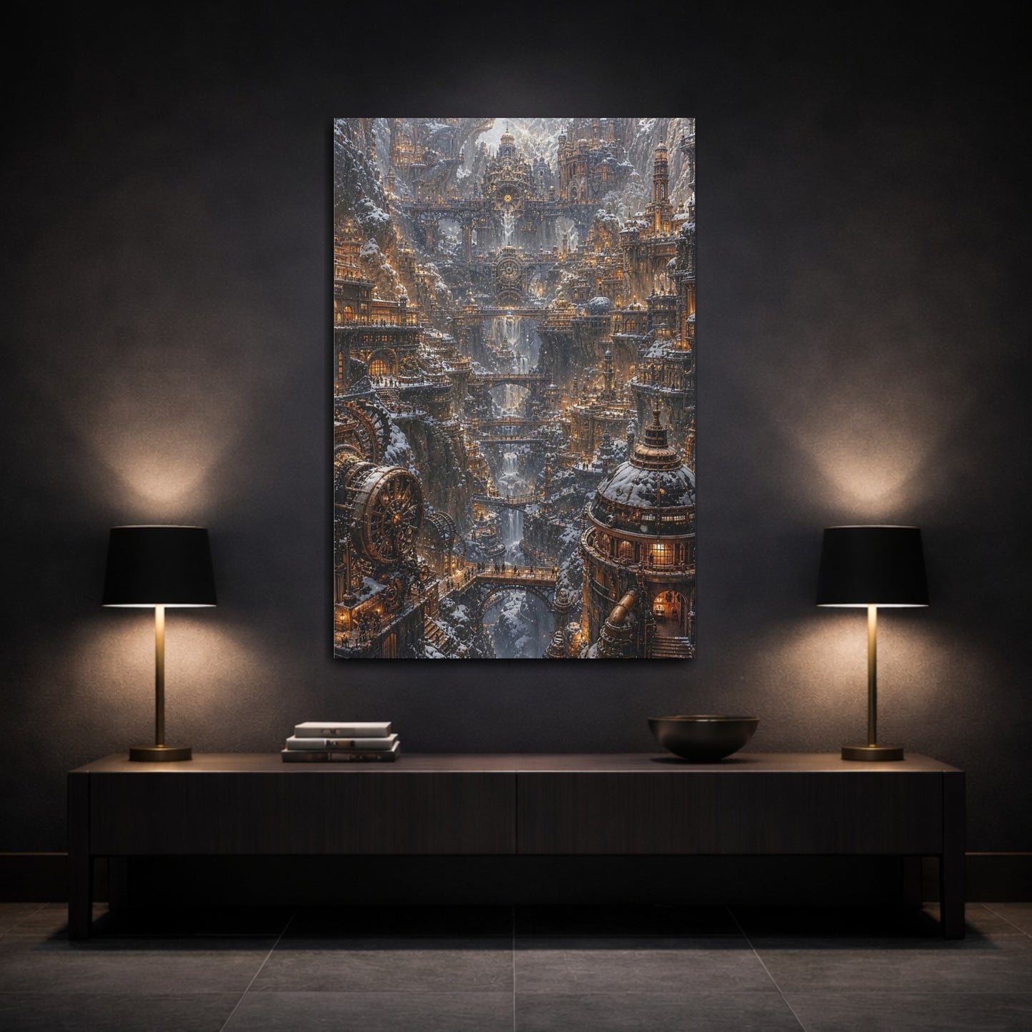 Mockup 3. Snowbound Clockwork City shown as canvas print