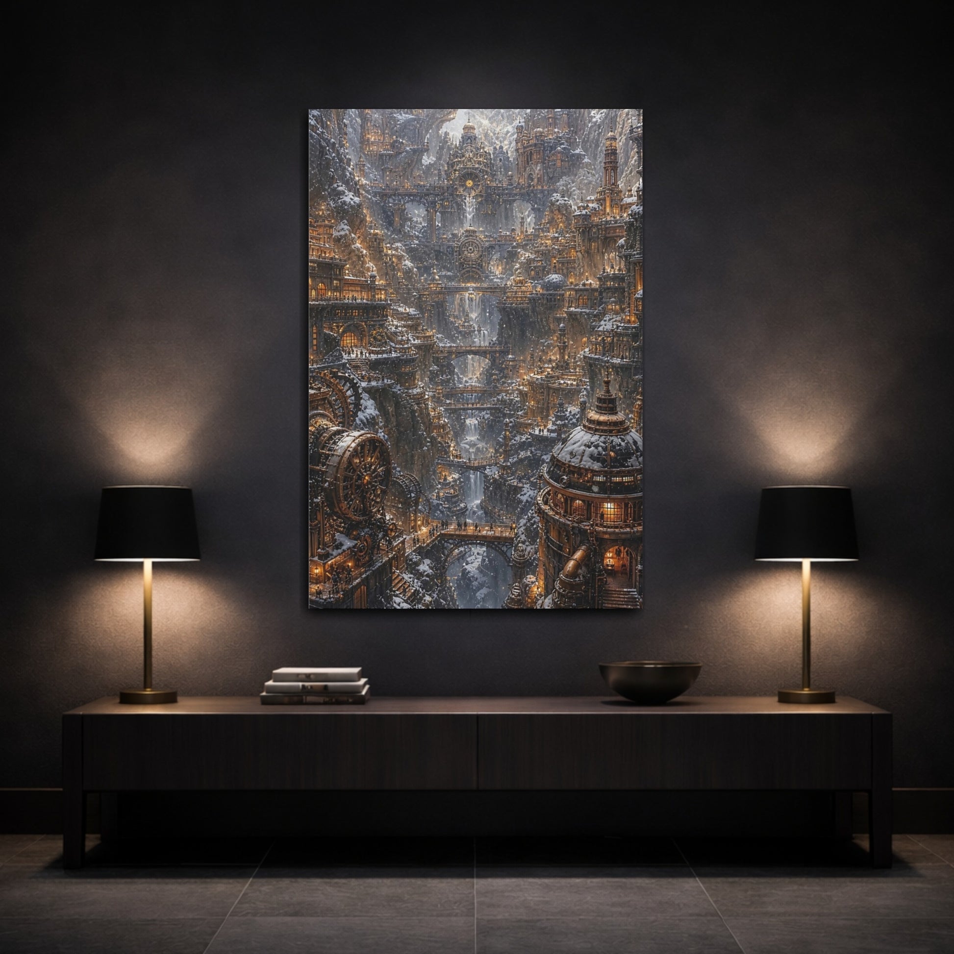 Mockup 3. Snowbound Clockwork City shown as canvas print