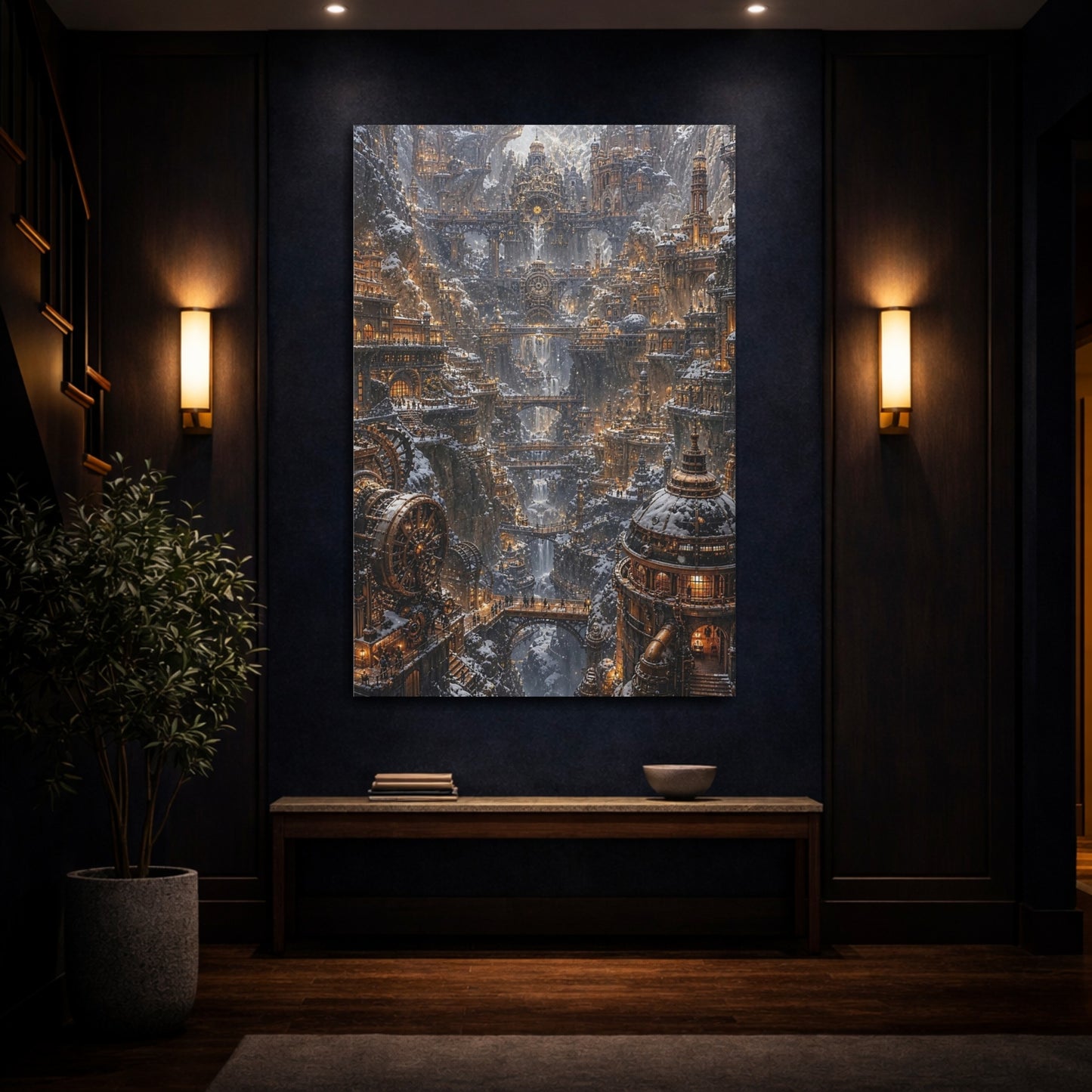 Mockup 4. Snowbound Clockwork City shown as canvas print