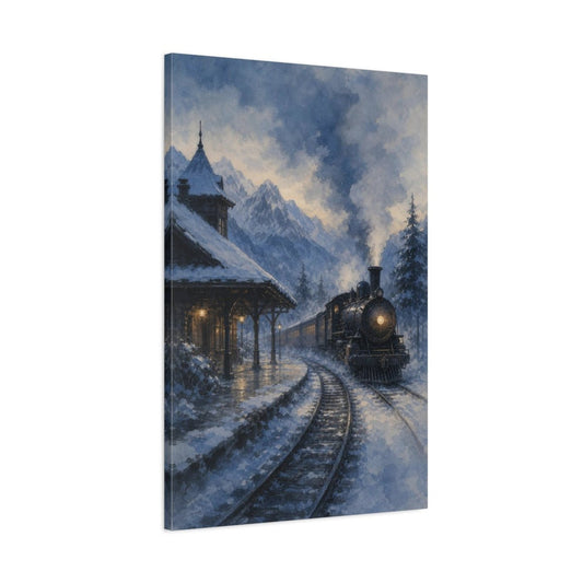 Snowbound Mountain Steam Train Canvas Print – Living Room, Above Fireplace, Blue With Amber Accents - YesArtYes