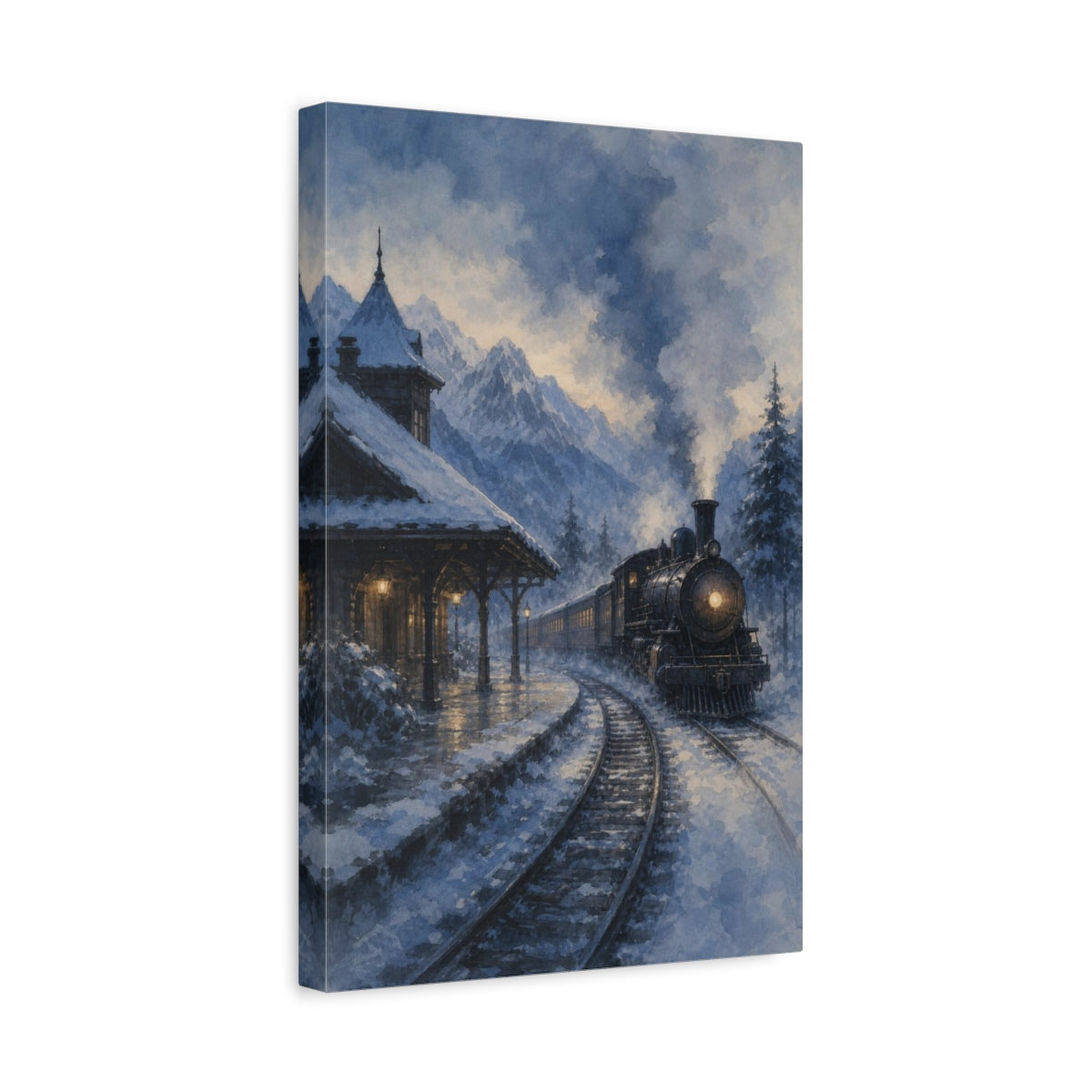 Side Mockup 4. Snowbound Mountain Steam Train shown as canvas print