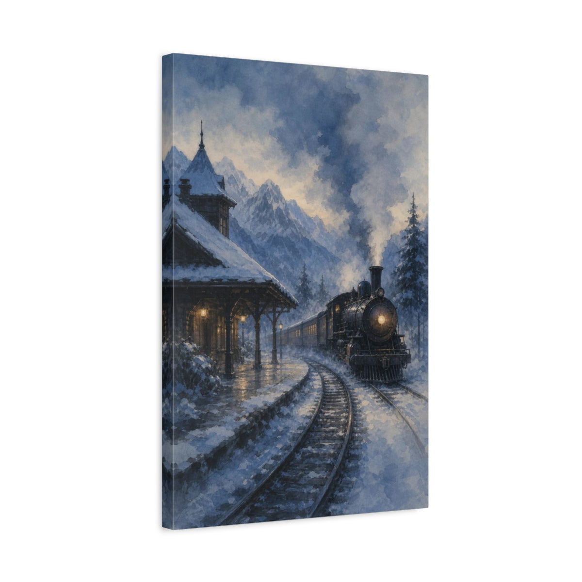Side Mockup 3. Snowbound Mountain Steam Train shown as canvas print