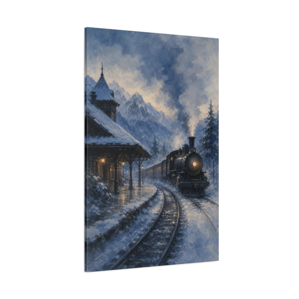 Side Mockup 1. Snowbound Mountain Steam Train shown as canvas print