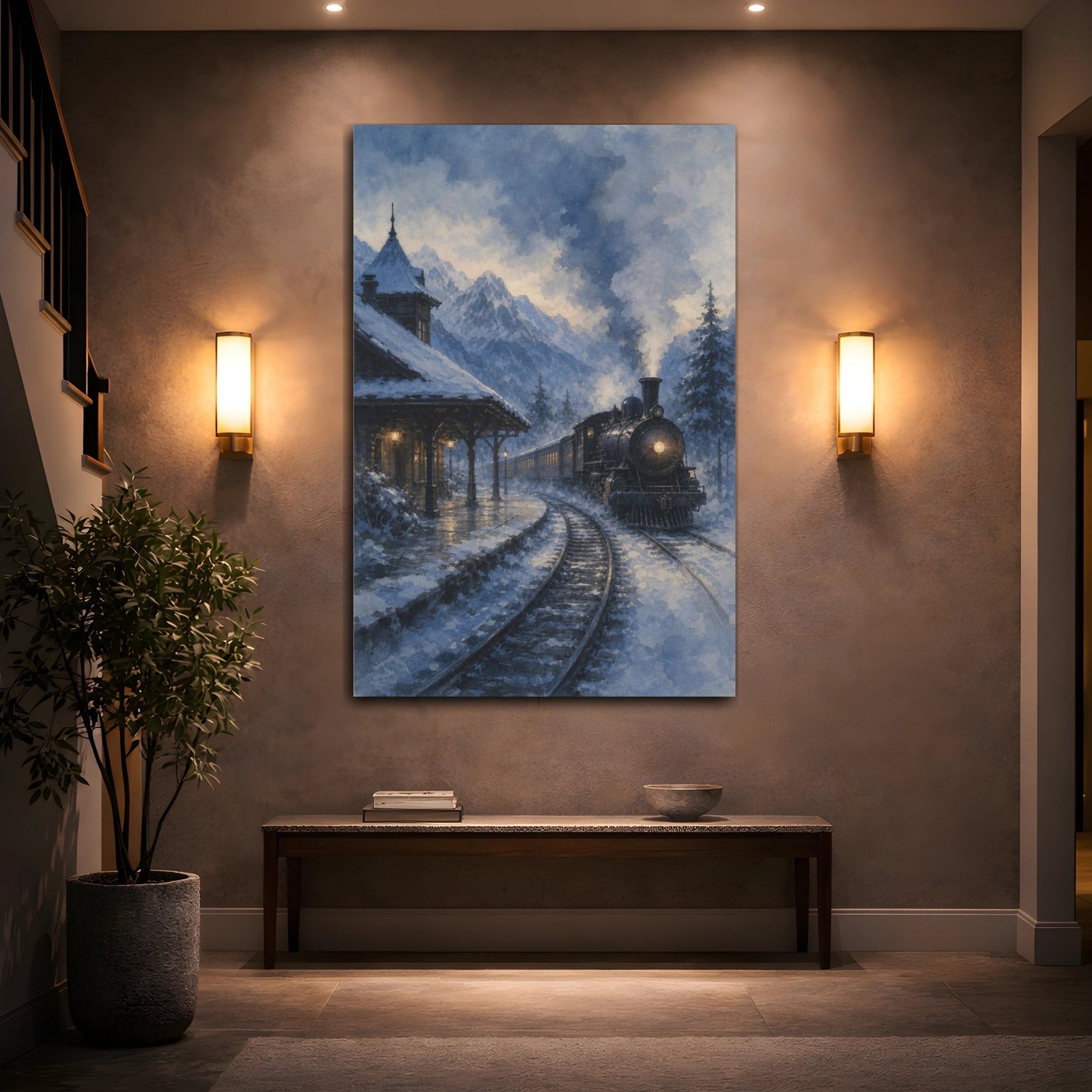 Mockup 2. Snowbound Mountain Steam Train shown as canvas print