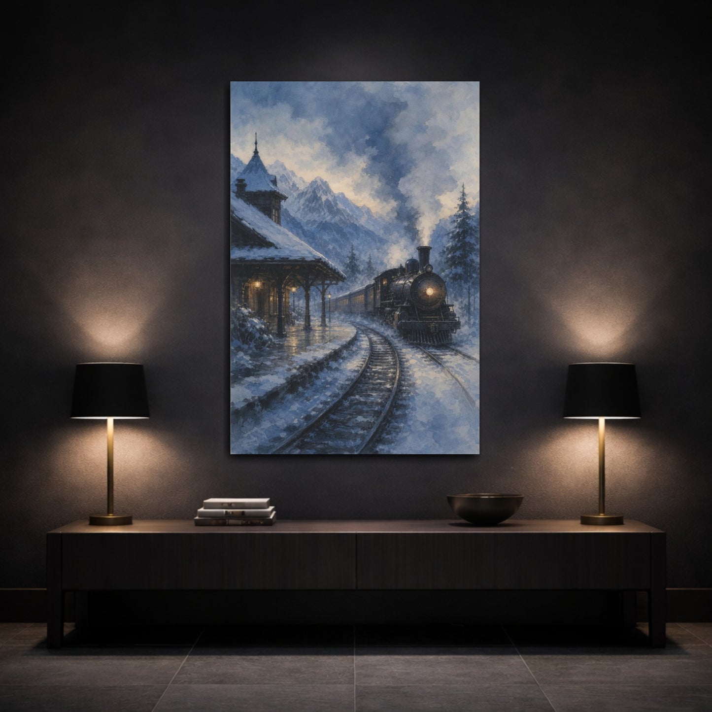 Mockup 3. Snowbound Mountain Steam Train shown as canvas print