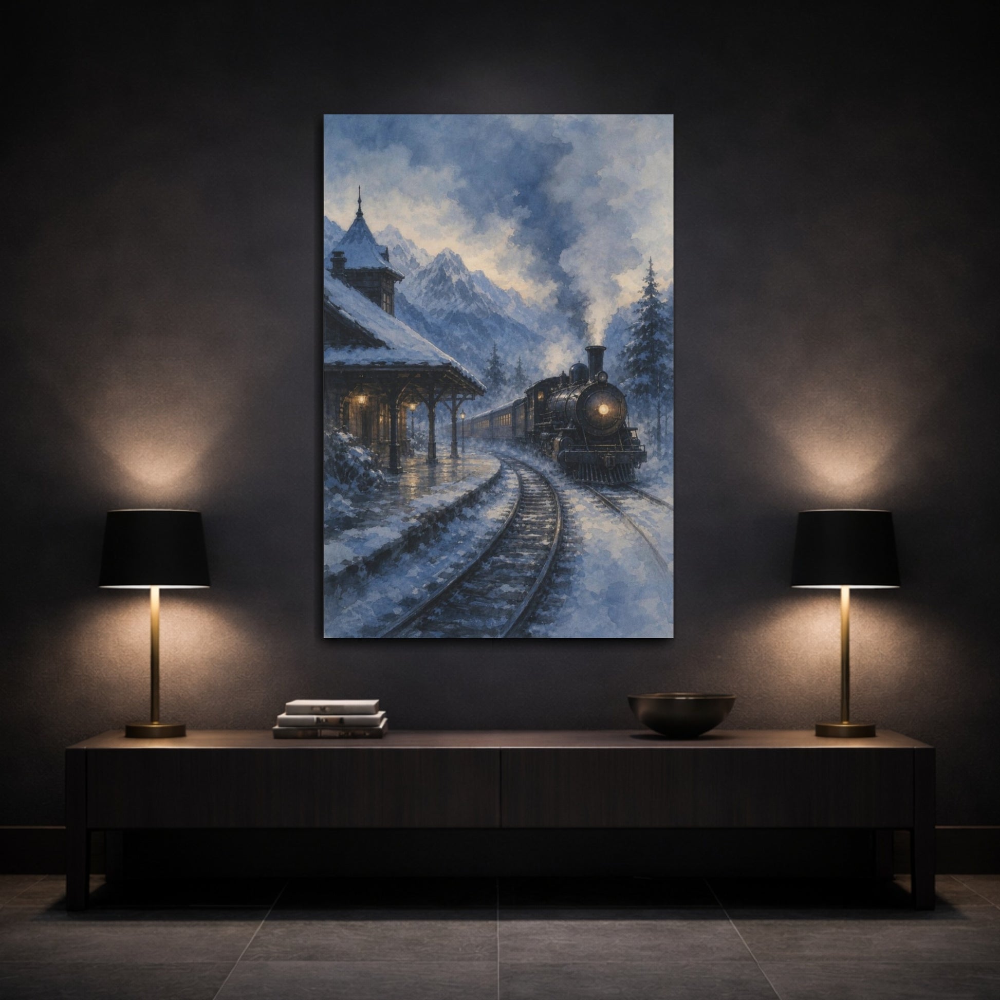 Mockup 3. Snowbound Mountain Steam Train shown as canvas print