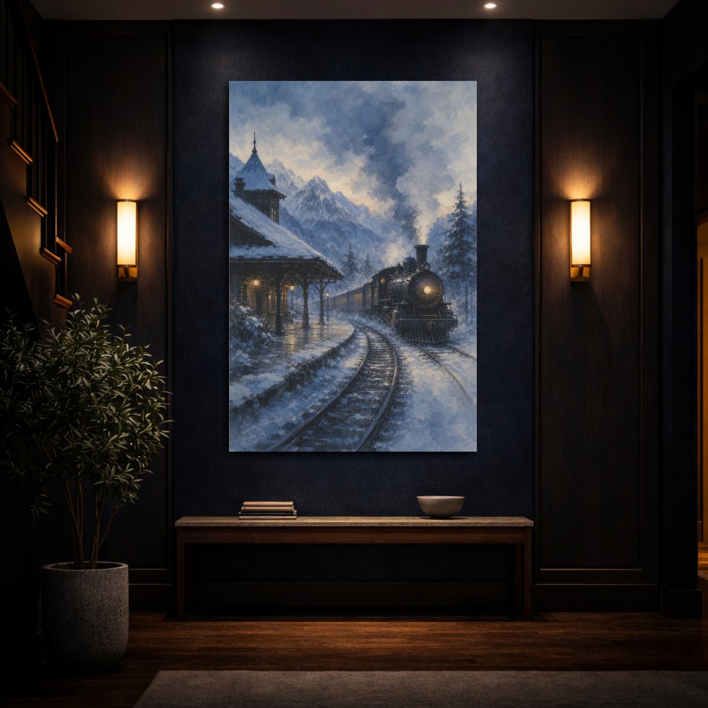 Mockup 4. Snowbound Mountain Steam Train shown as canvas print