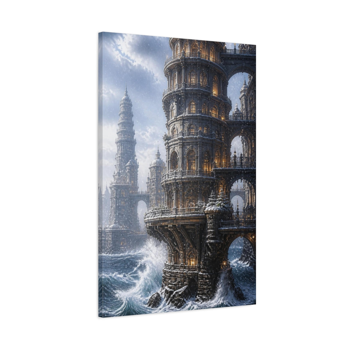 Main Mockup. Snowbound Ocean Tower shown as canvas print