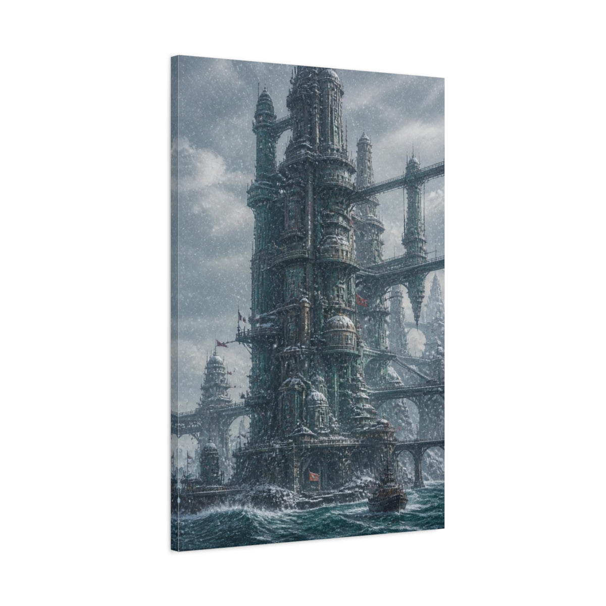 Main Mockup. Snowbound Ocean Tower shown as canvas print