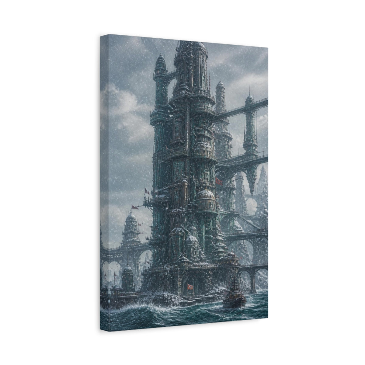 Side Mockup 4. Snowbound Ocean Tower shown as canvas print