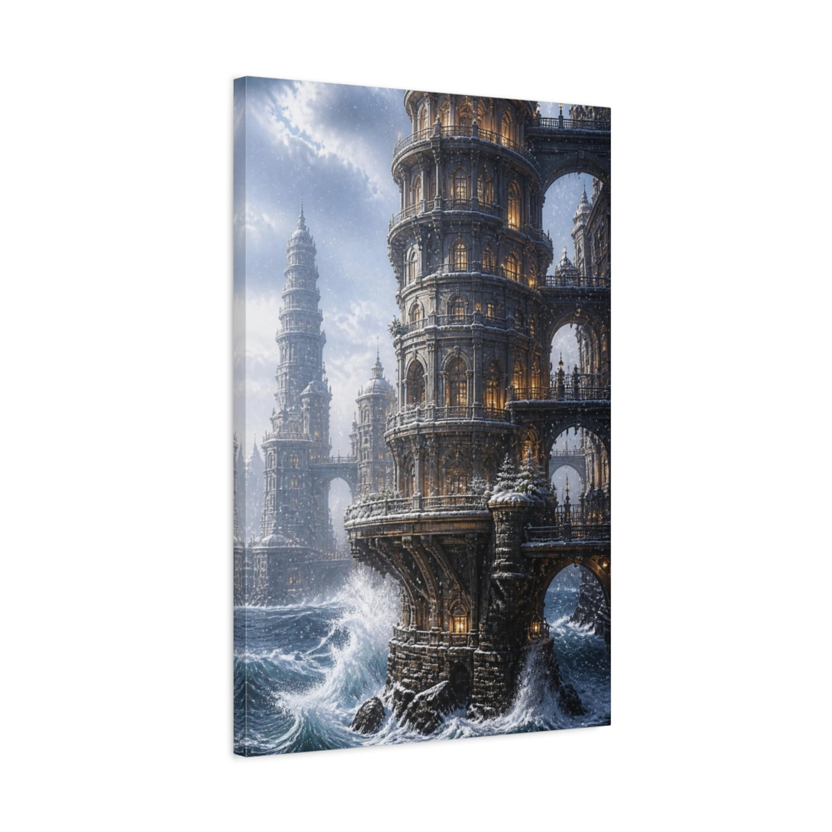 Side Mockup 2. Snowbound Ocean Tower shown as canvas print