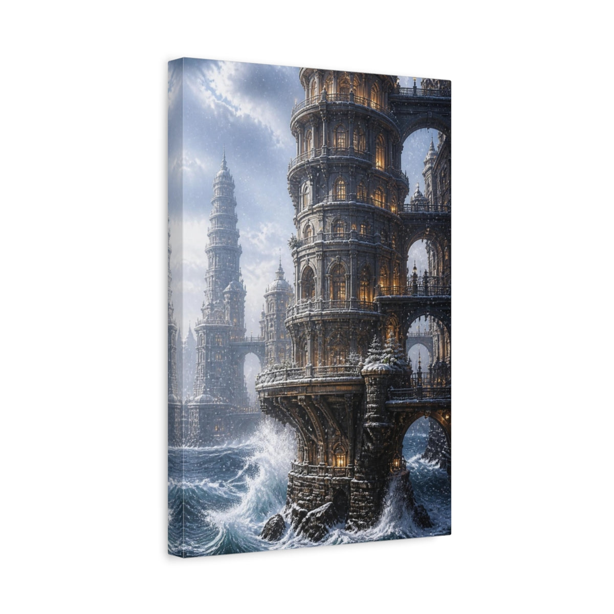 Side Mockup 4. Snowbound Ocean Tower shown as canvas print