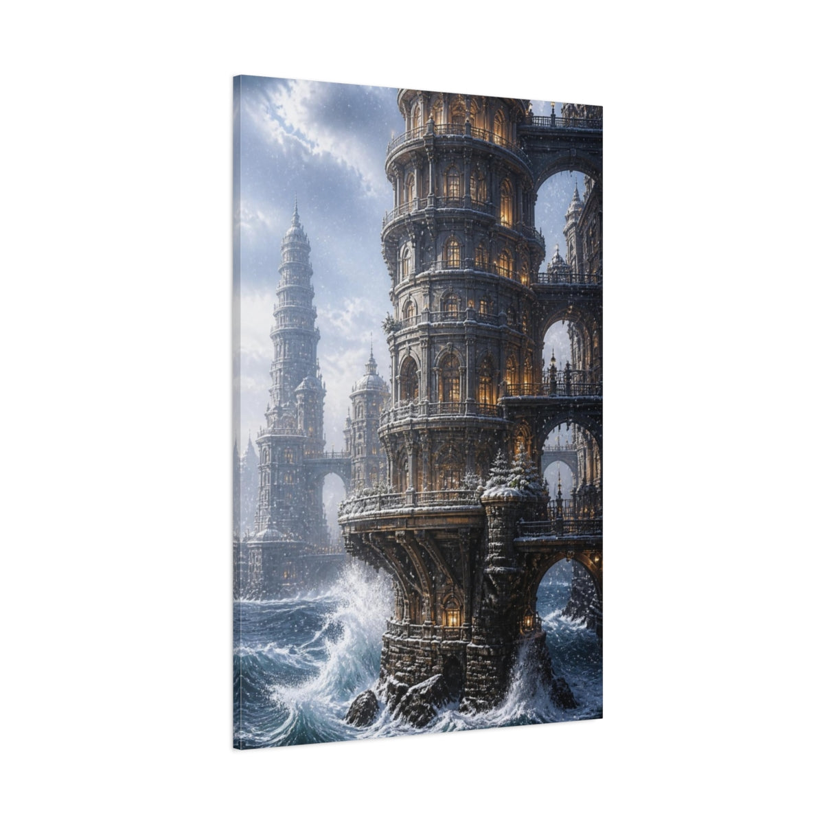 Side Mockup 1. Snowbound Ocean Tower shown as canvas print