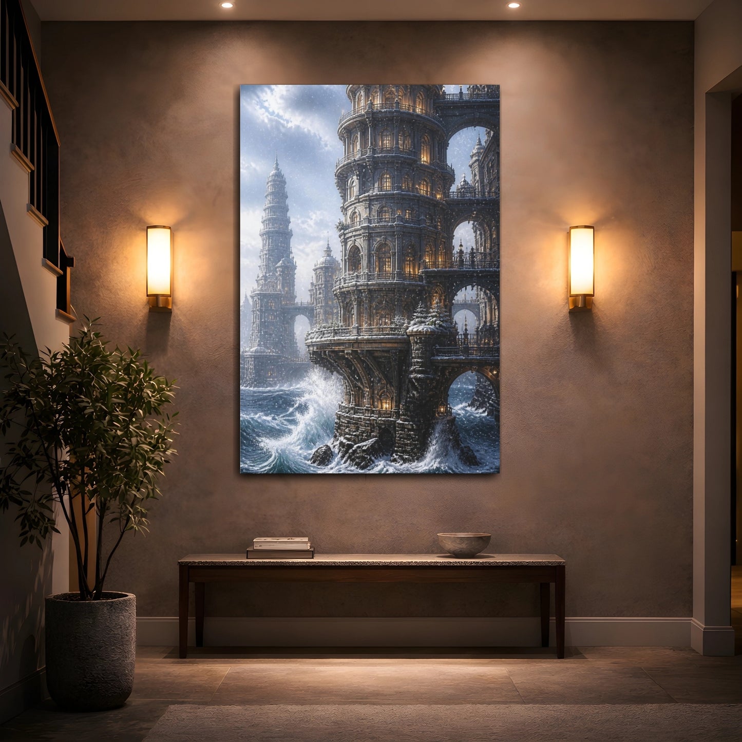 Mockup 2. Snowbound Ocean Tower shown as canvas print